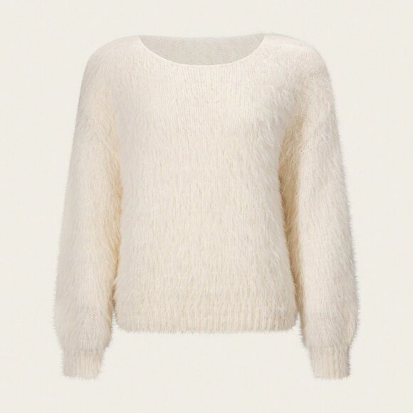 Beige Casual Women's Laid-Back Soft Fluffy Sweater - Picture 4 of 7